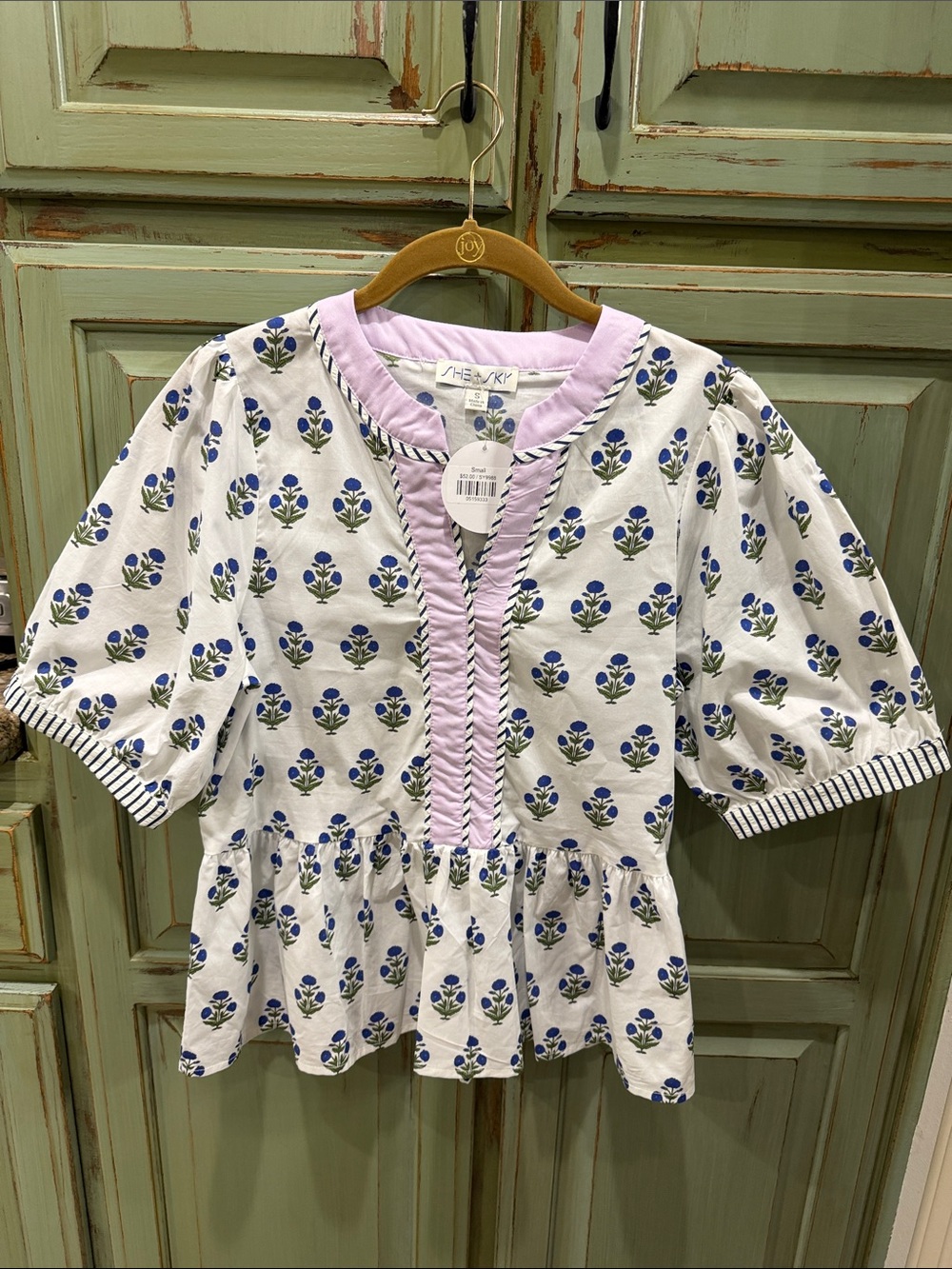 She + Sky Lavender-Trim White Floral Peplum Blouse